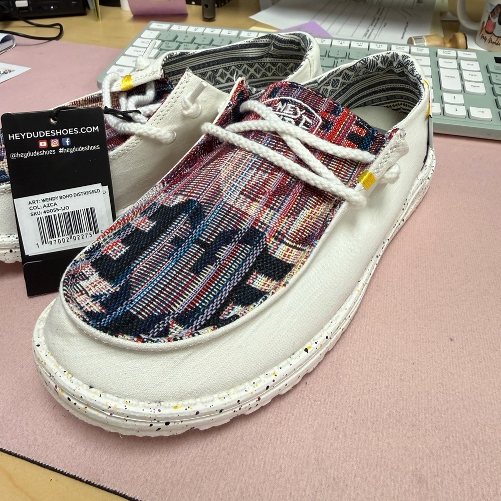 Hey Dude White and Red Patterned Shoes